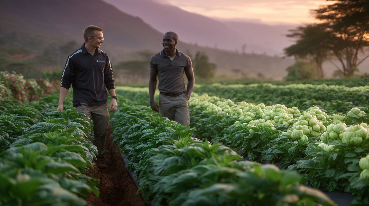 Ed van Paassen walking through a commercial crop with a local agronomist during an agricultural field assessment