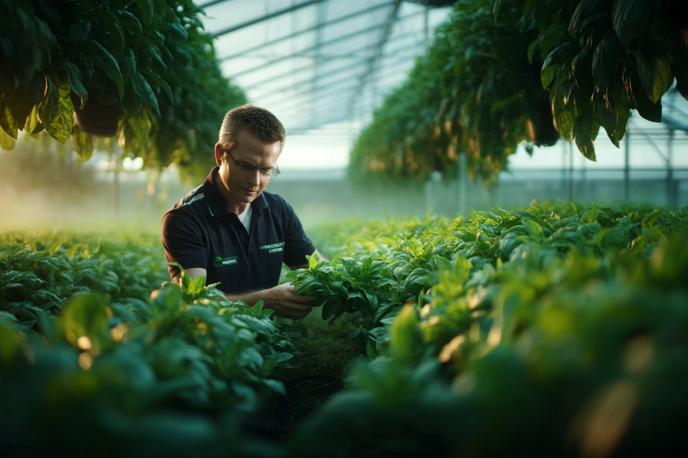 Ed van Paassen examining plants in a horticultural growing environment
