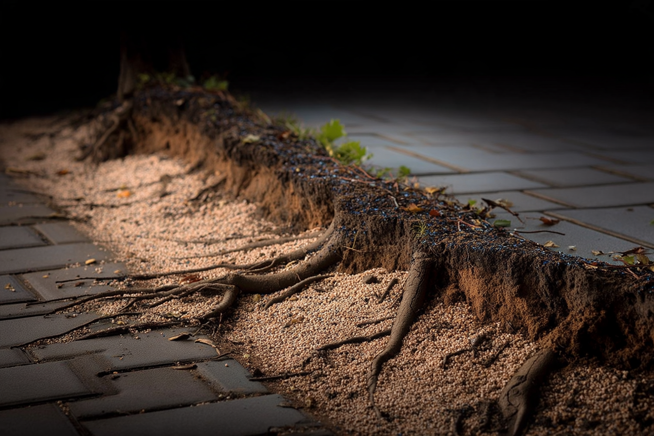 Exposed lateral tree roots growing through a constrained soil and paving environment beside an urban pavement.