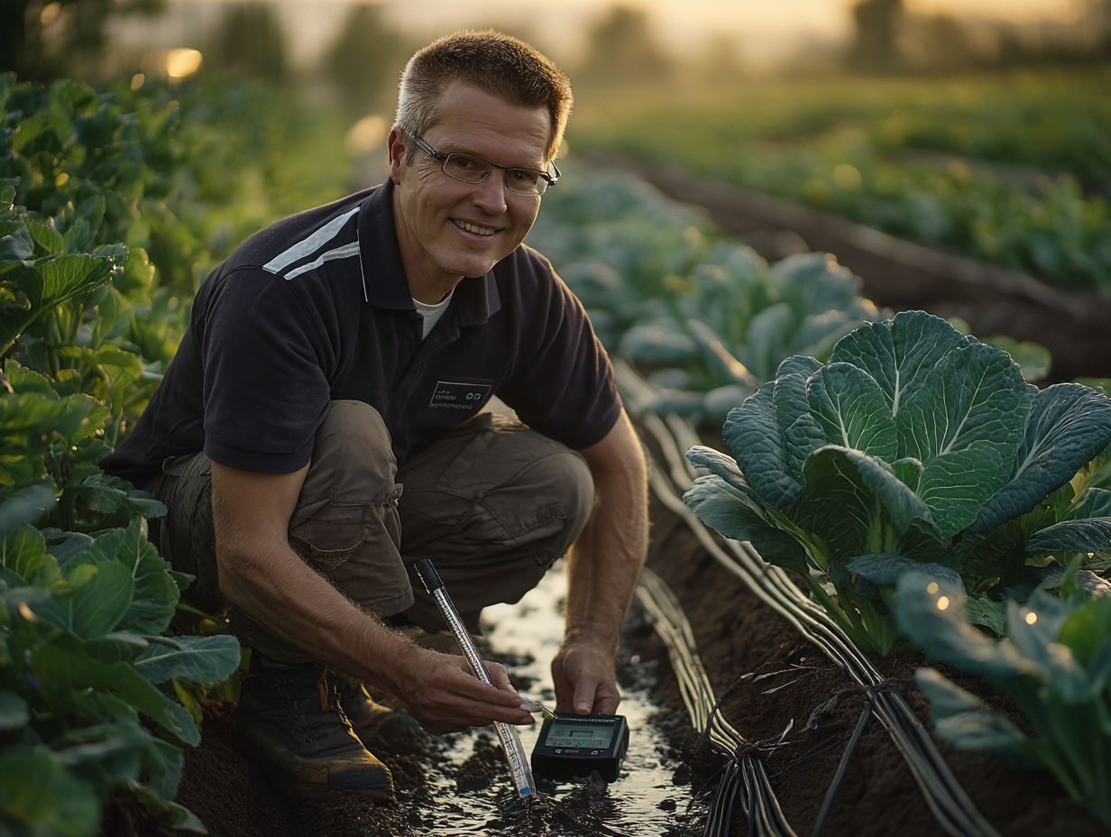 Horticulturist measuring soil temperature at root-zone depth in a commercial brassica crop.
