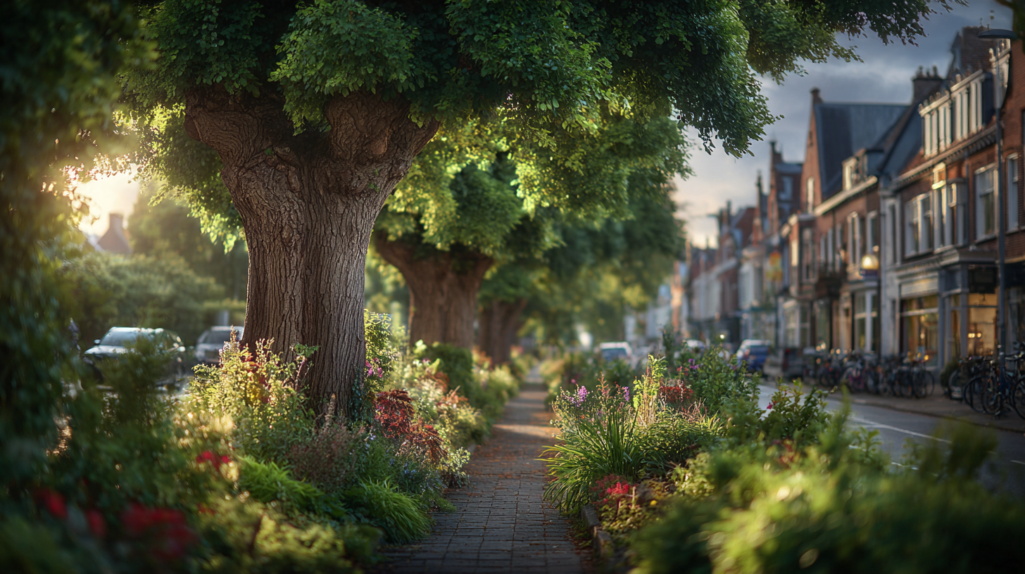 Established street trees growing in a continuous planted corridor with perennial vegetation in a Dutch urban street.
