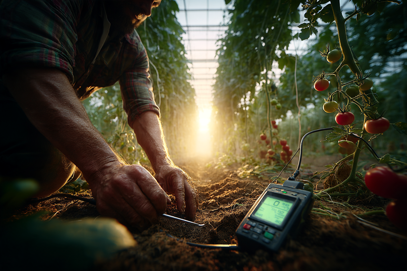Grower measuring root-zone temperature with a probe in the growing medium of a commercial tomato crop.