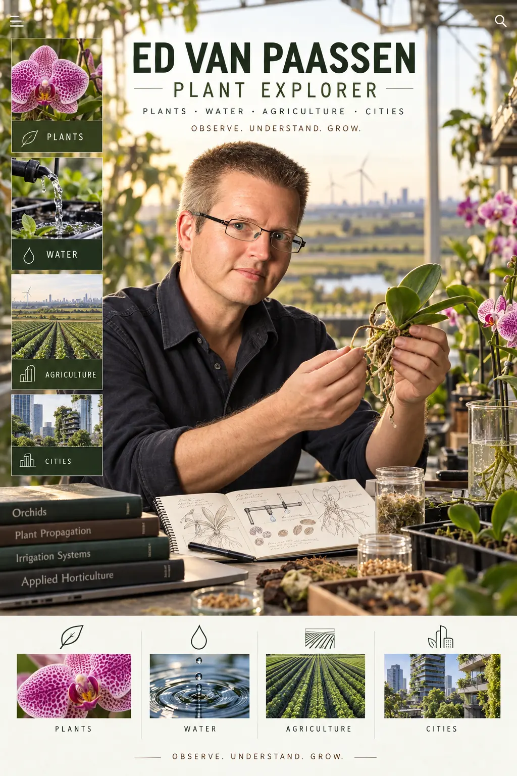 Ed van Paassen studying an orchid in a botanical working environment