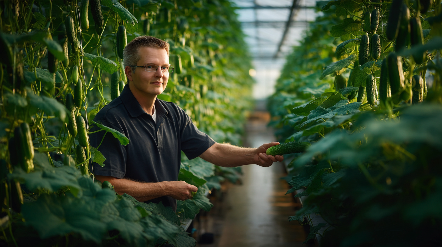 Ed van Paassen examining cucumber leaves for plant response in a commercial greenhouse climate.