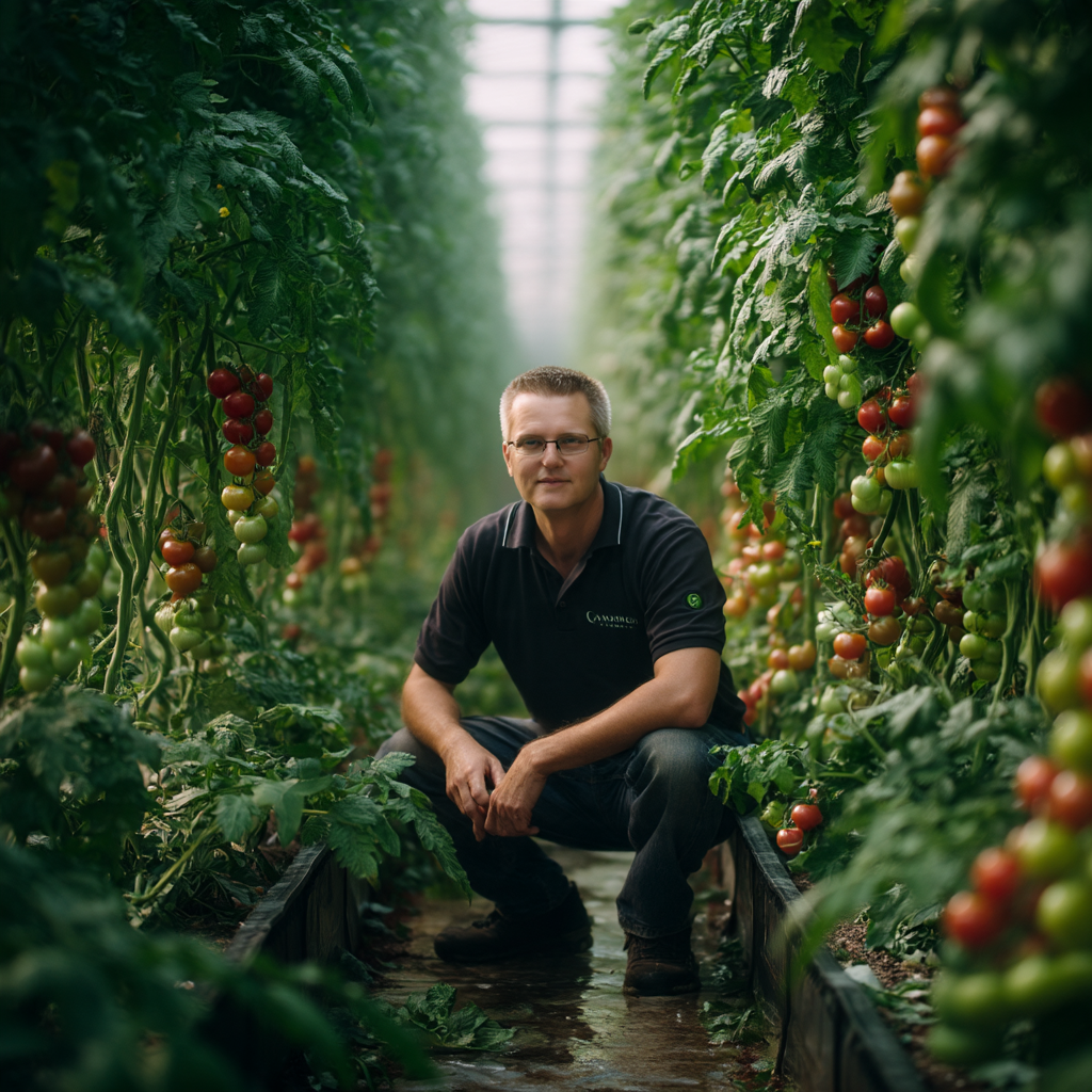 Ed van Paassen inspecting tomato plants in a commercial greenhouse while assessing crop response to greenhouse climate.